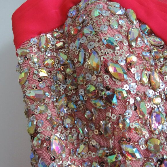 LA FEMME 18733 Beaded Bodice Chiffon Strapless Maxi Prom Dress Watermelon 4 NWT - Picture 5 of 16